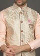 Zig Zag Print Nehru Jacket In Peach Color