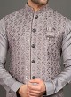 Plastic Mirror Work Nehru Jacket In Grey Color