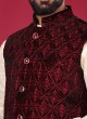 Thread Work Nehru Jacket In Maroon Color