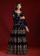 Velvet Embroidered Gown In Navy Blue Color