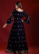 Velvet Embroidered Gown In Navy Blue Color