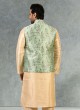 Brocade Nehru Jacket Set In Pista Green Color