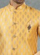 Yellow Jacquard Print Nehru Jacket Suit