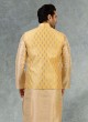 Yellow Jacquard Print Nehru Jacket Suit