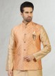 Peach Color Nehru Jacket Set For Mens Wear