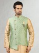 Pista Green Color Nehru Jacket Set In Brocade Fabric