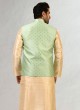 Pista Green Color Nehru Jacket Set In Brocade Fabric