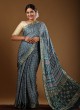 Teal Blue Ajrakh Print Saree For Wedding Wear