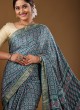 Teal Blue Ajrakh Print Saree For Wedding Wear