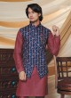 Printed Nehru Jacket Suit In Maroon And Blue Color