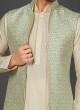 Jacquard Silk Pista Green Color Nehru Jacket Set