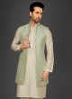 Jacquard Silk Pista Green Color Nehru Jacket Set