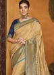 Beige And Blue Satin Silk Wedding Wear Saree