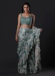 Cream and Sea Green Ready Pleated Partywear Saree