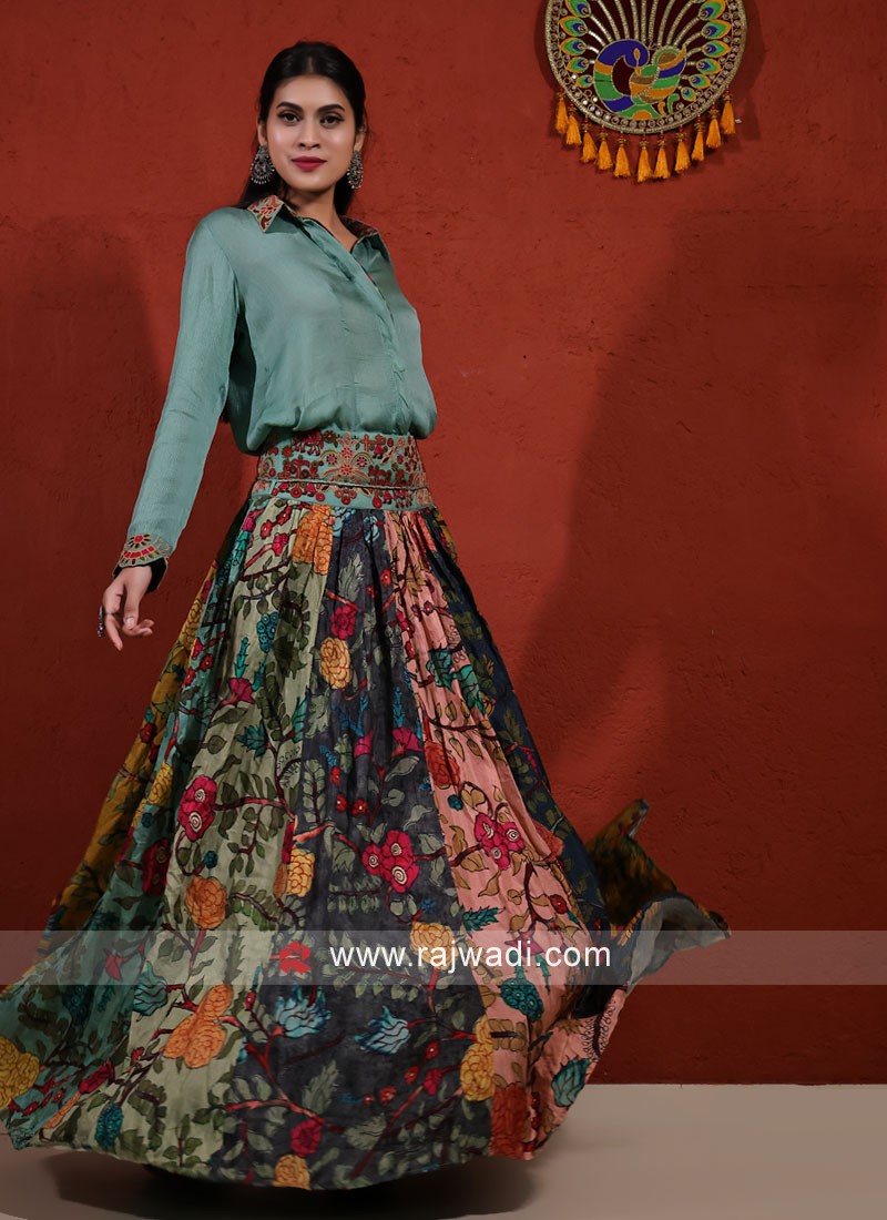 Buy Stunning Blue and Yellow Printed Shirt Lehenga Online in USA – Pure  Elegance