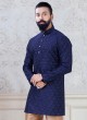 Zari Work Silk Kurta Pajama In Navy Blue