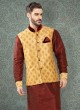 Maroon Poly Silk Wedding Wear Nehru Jacket Set