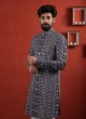 Thread Work Navy Blue Wedding Wear Indowestern