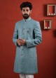 Wedding Wear Teal Blue Indowestern In Art Silk