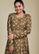 Olive Green Palazzo Suit In Muslin Silk With Floral Prints