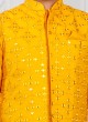 Yellow And White Thread Work Nehru Jacket Set