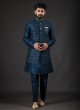 Readymade Sequins Work Teal Blue Nehru Jacket Set In Art Silk