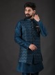 Readymade Sequins Work Teal Blue Nehru Jacket Set In Art Silk