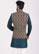 Stylish Nehru Jacket Set In Peacock Blue With Thread Work