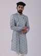 Powder Blue Asymmetric Thread Embroidered Indowestern