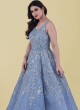 Attractive Sky Blue Embroidered Wedding Gown