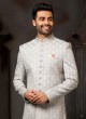 Dark Grey Thread Embroidered Mens Readymade Sherwani Set