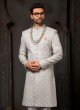 Dark Grey Thread Embroidered Mens Readymade Sherwani Set