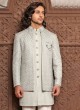 Light Grey Jacket Style Embroidered Indowestern For Men