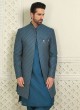 Readymade Teal Blue Thread Embroidered Indowestern