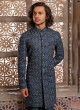 Peacock Blue Thread Embroidred Indowestern