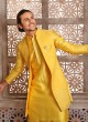 Yellow And Off White Men's Indowestern Set In Cotton Silk