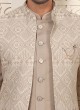 Reception Wear Golden Cream Jacket Style Indowestern