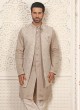 Reception Wear Golden Cream Jacket Style Indowestern