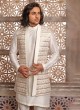 Off White Thread Embroidered Indowestern Set In Cotton Silk