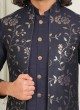 Navy Blue Readymade Nehru Jacket Set For Men