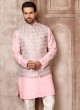 Pink And White Embroidered Nehru Jacket Set