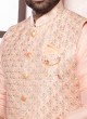 Attractive Peach Nehru Jacket Set With Thread Work