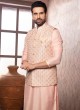 Attractive Peach Nehru Jacket Set With Thread Work