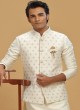 Cream Weaving Nehru Jacket Set