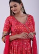 Red Brocade Silk Anarkali with Zari Prints