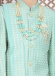 Sky Blue Thread Embroidered Sherwani Set