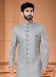 Grey Asymmetric Thread Embroidered Indowestern