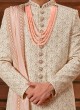 Art Silk Hand Embroidered Sherwani In Cream Color