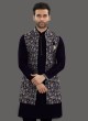 Stylish Thread Work Nehru Jacket Set In Navy Blue