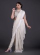 Designer Cream Chiffon Readymade Saree with Lucknowi Work